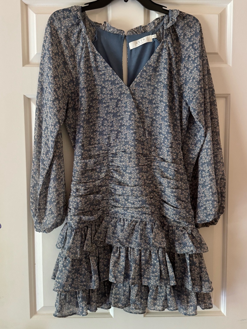 Astr Blue Floral Mini Dress with Ruffle Tiered Hem Size Small